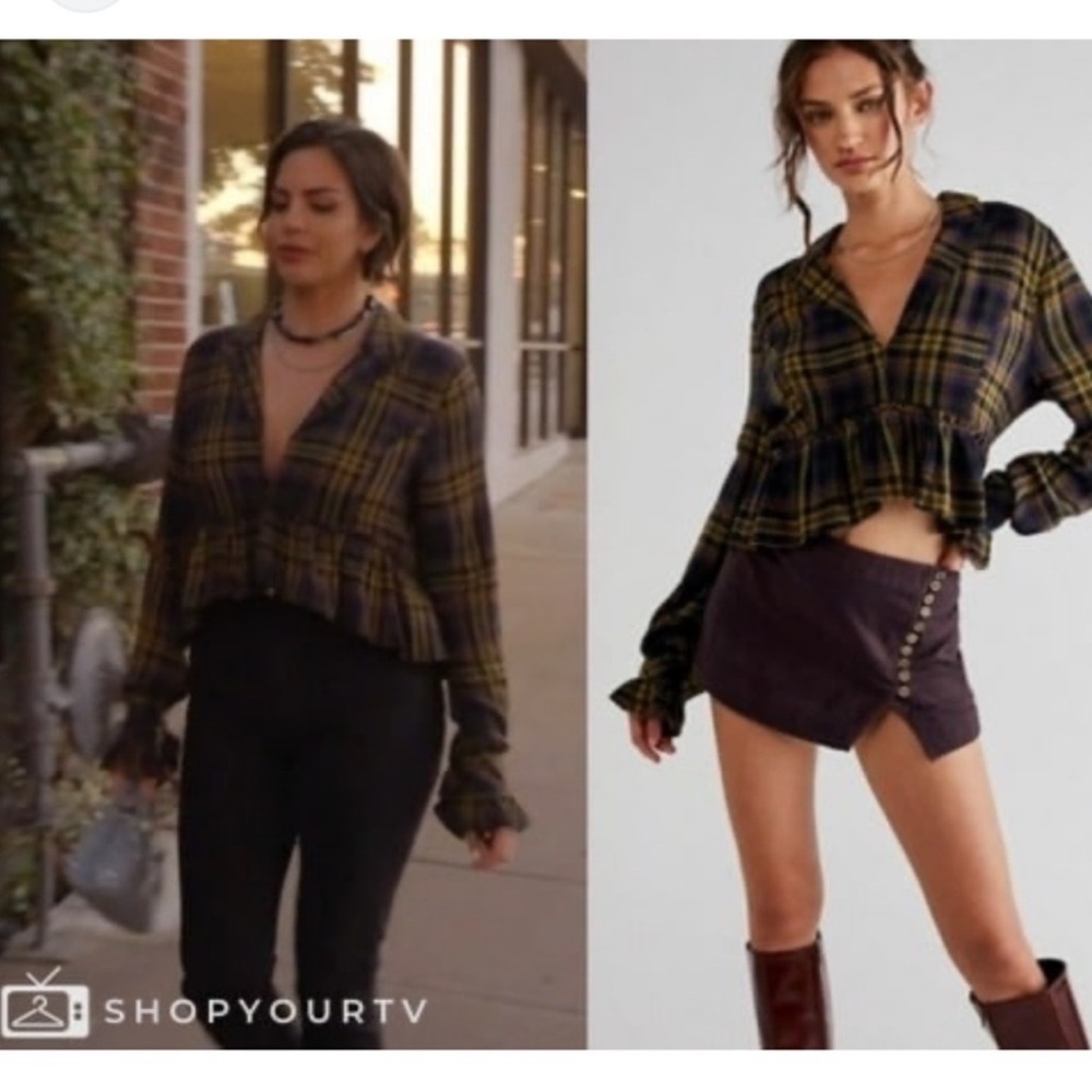 Free People Ruffled Up Blue Plaid Cropped Shirt Jacket M NWT - Picture 2 of 5